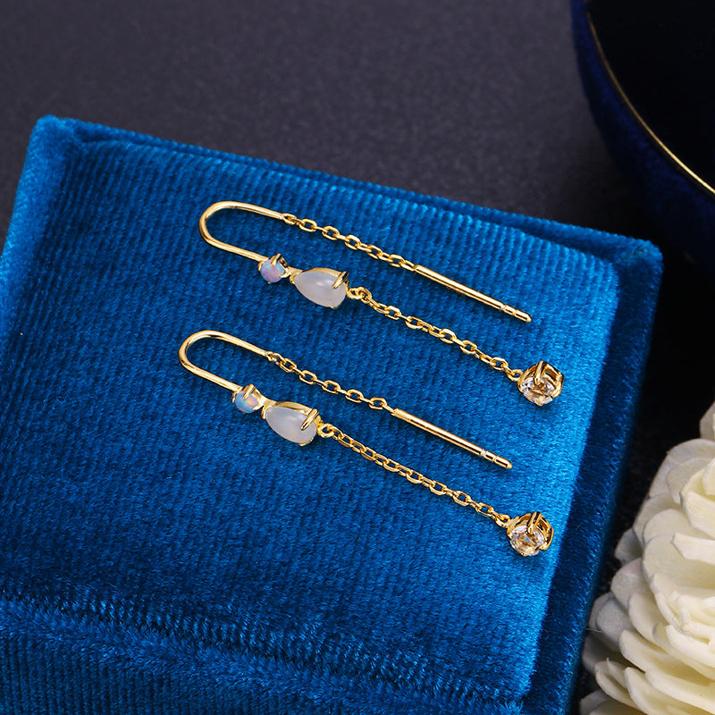 Moonstone Cascade – 925 Sterling Silver Moonstone Teardrop Tassel Luxury Earrings