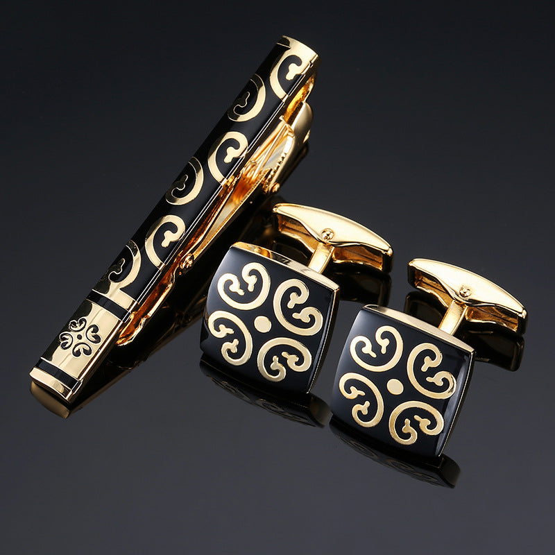 18K Floral Cufflinks & Tie Clip Set — Rose, Crystal & Enamel