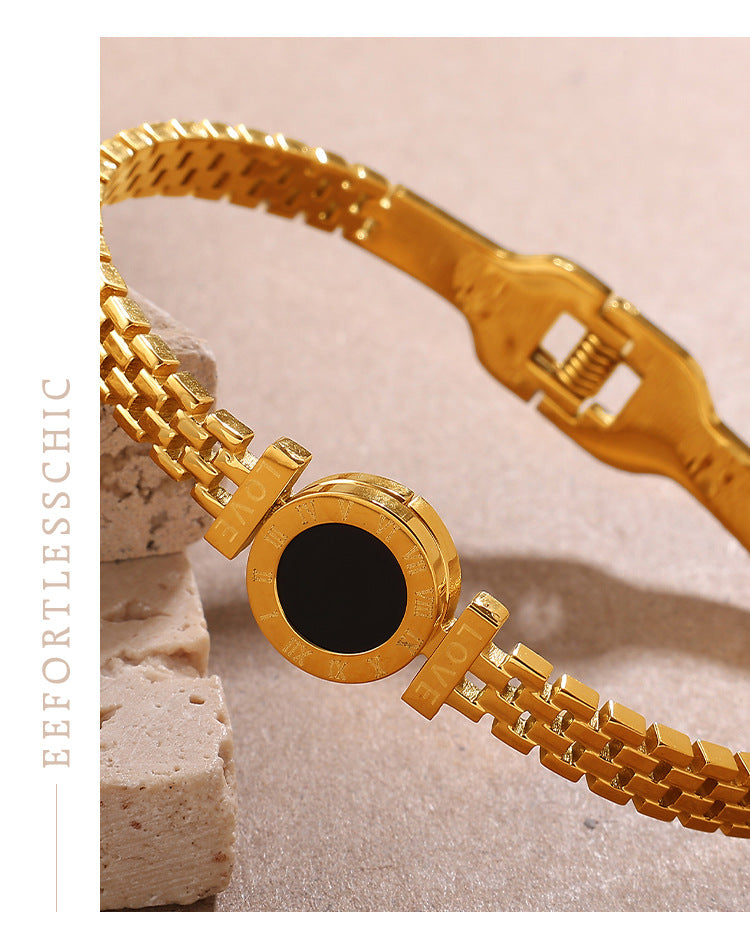 Gold Roman Numeral Black Disc Love Engraved Luxury Bracelet