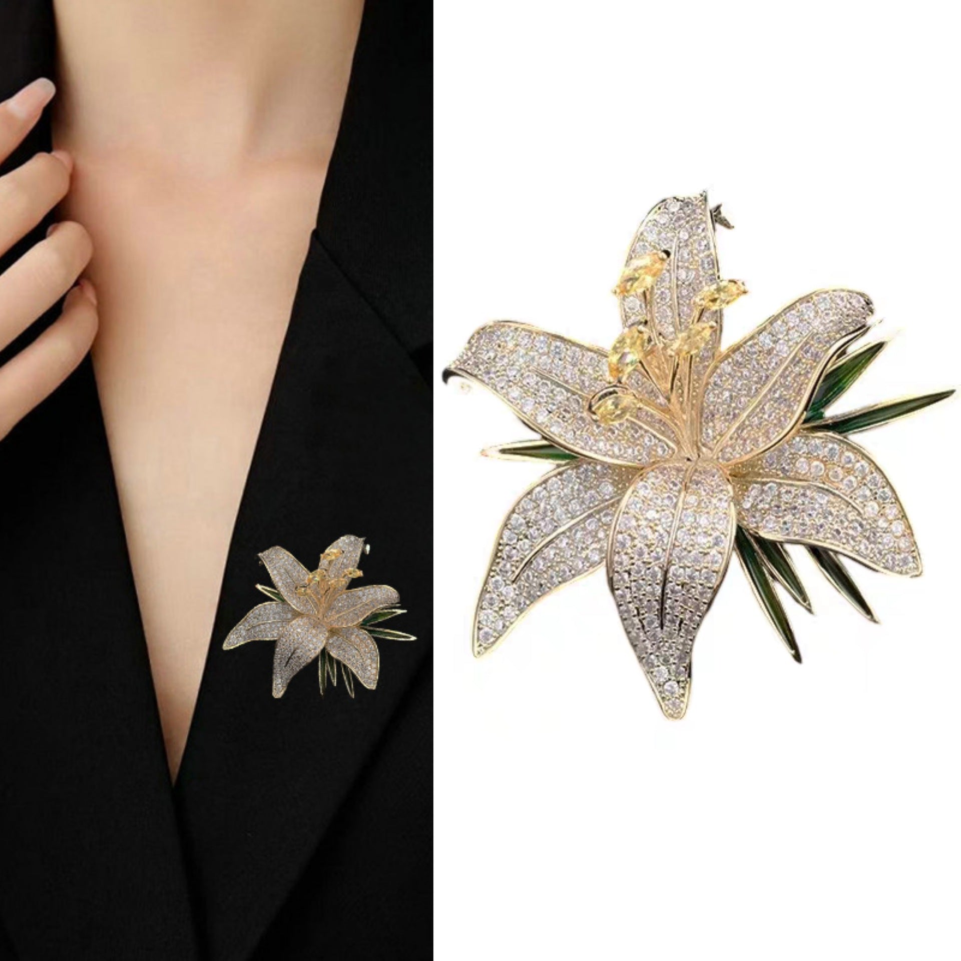 Full Diamond Lily Brooch | Elegant Luxury Women's Collar Pin