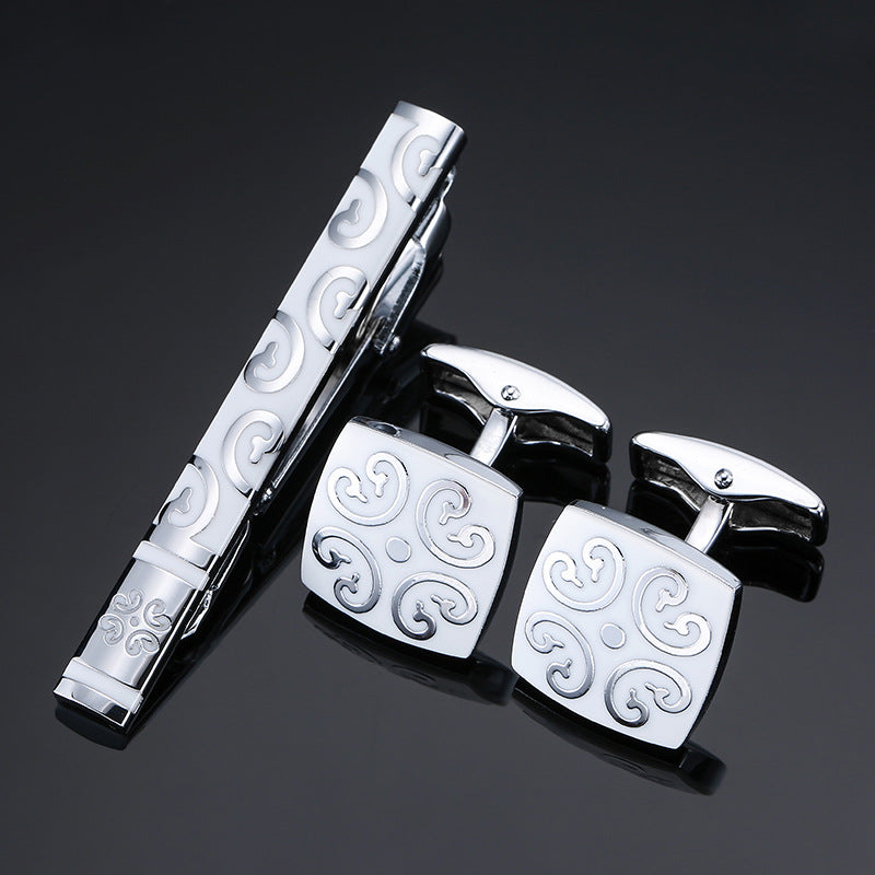 18K Floral Cufflinks & Tie Clip Set — Rose, Crystal & Enamel