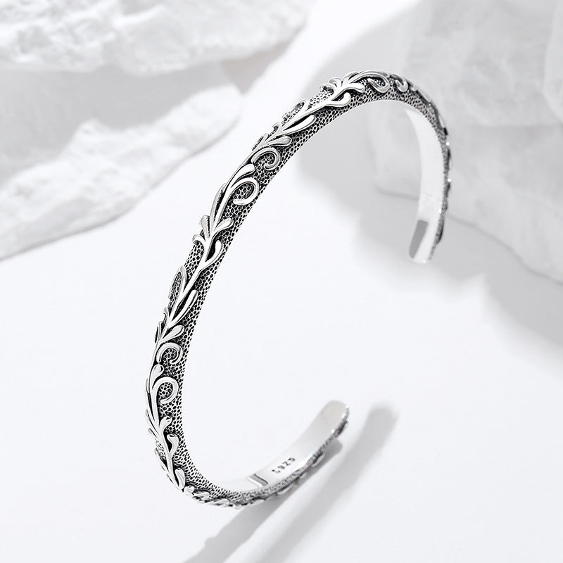Thai Silver Vintage Tang Grass Carved 925 Sterling Silver Luxury Bracelet