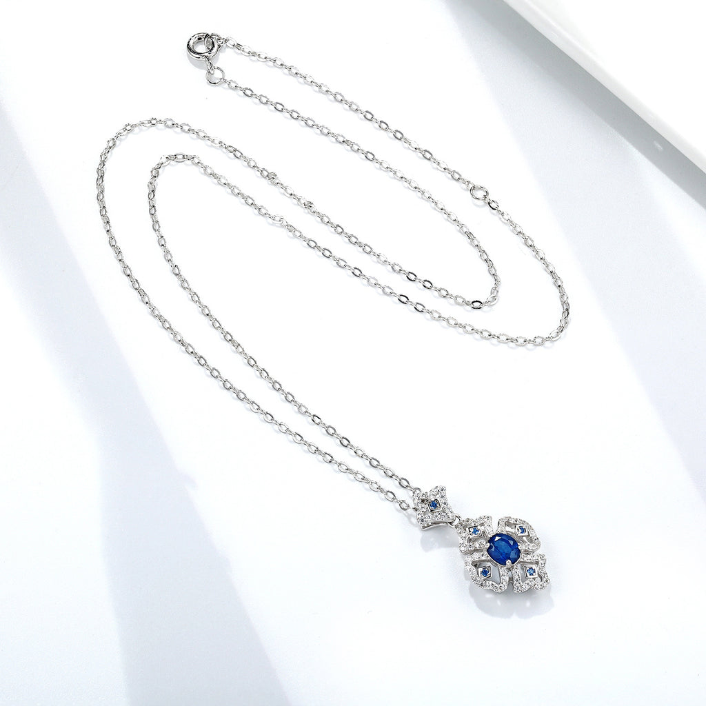 Natural Sapphire Retro Geometric Pendant 925 Silver Platinum Gold Luxury Necklace