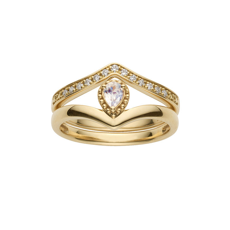 Golden Moonstone V-Shape Drop Ring | S925 Silver & 14K Gold