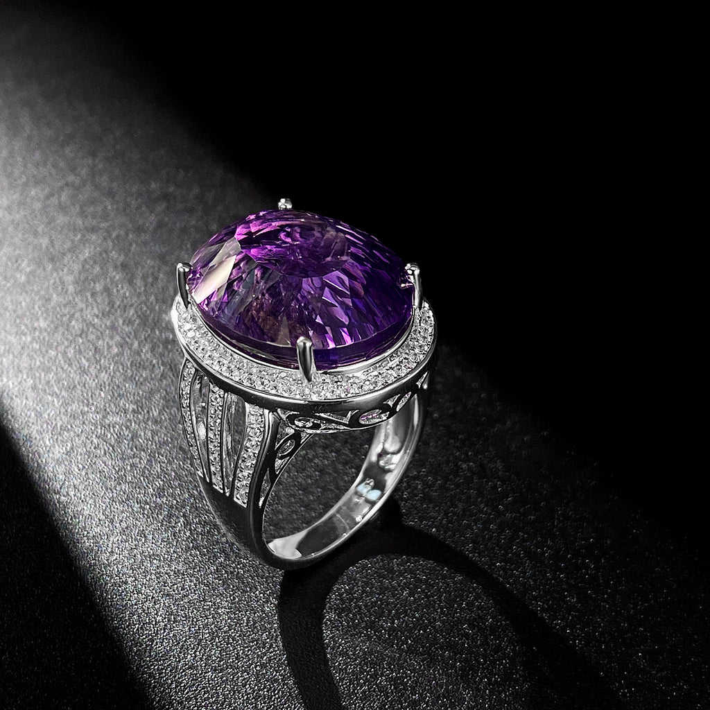 925 Silver Natural Amethyst Geometric Crystal Luxury Ring Sizes 6-9