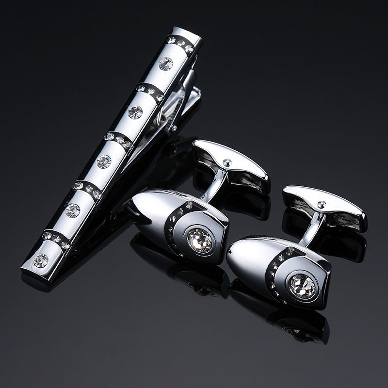 18K Floral Cufflinks & Tie Clip Set — Rose, Crystal & Enamel