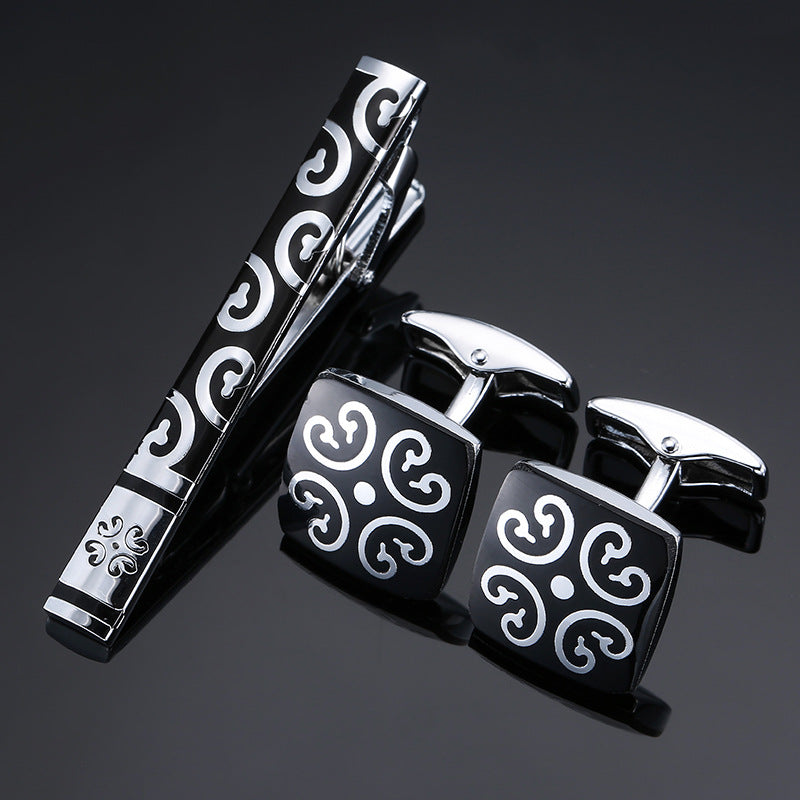 18K Floral Cufflinks & Tie Clip Set — Rose, Crystal & Enamel