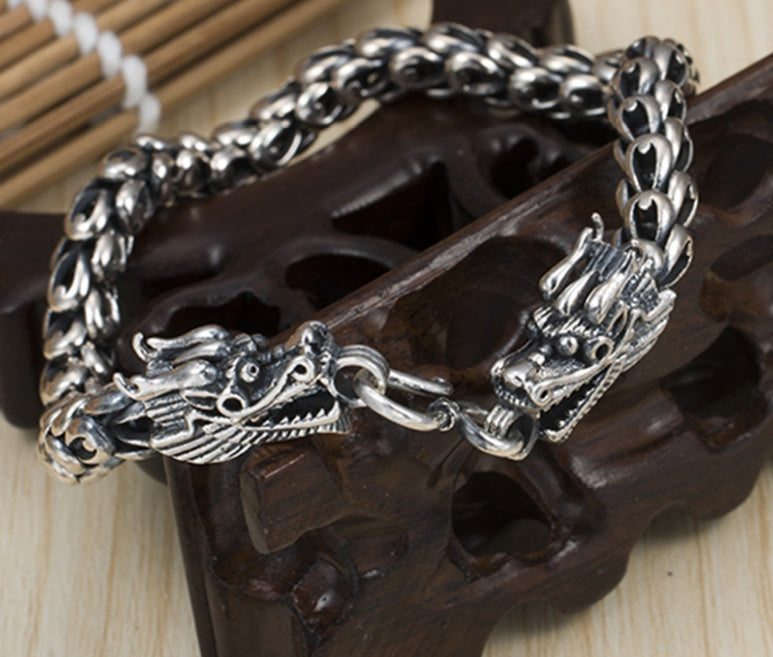 S925 Silver Dragon Head Men's Bracelet | Bold Luxury Wristwear