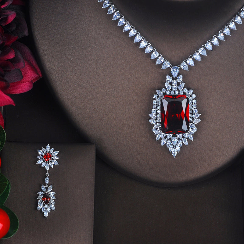 Red Gemstone Jewelry Set — Earrings & Pendant