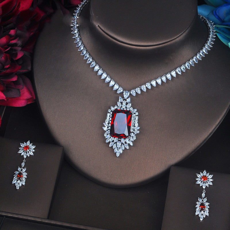 Red Gemstone Jewelry Set — Earrings & Pendant