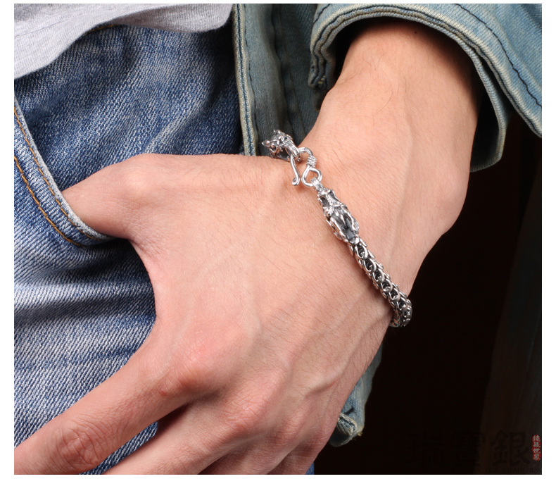 S925 Silver Dragon Head Men's Bracelet | Bold Luxury Wristwear
