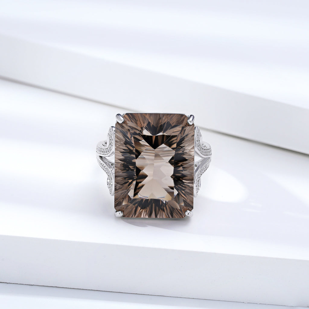 Smoky Reverie – 925 Silver Natural Tea Crystal Geometric Luxury Ring