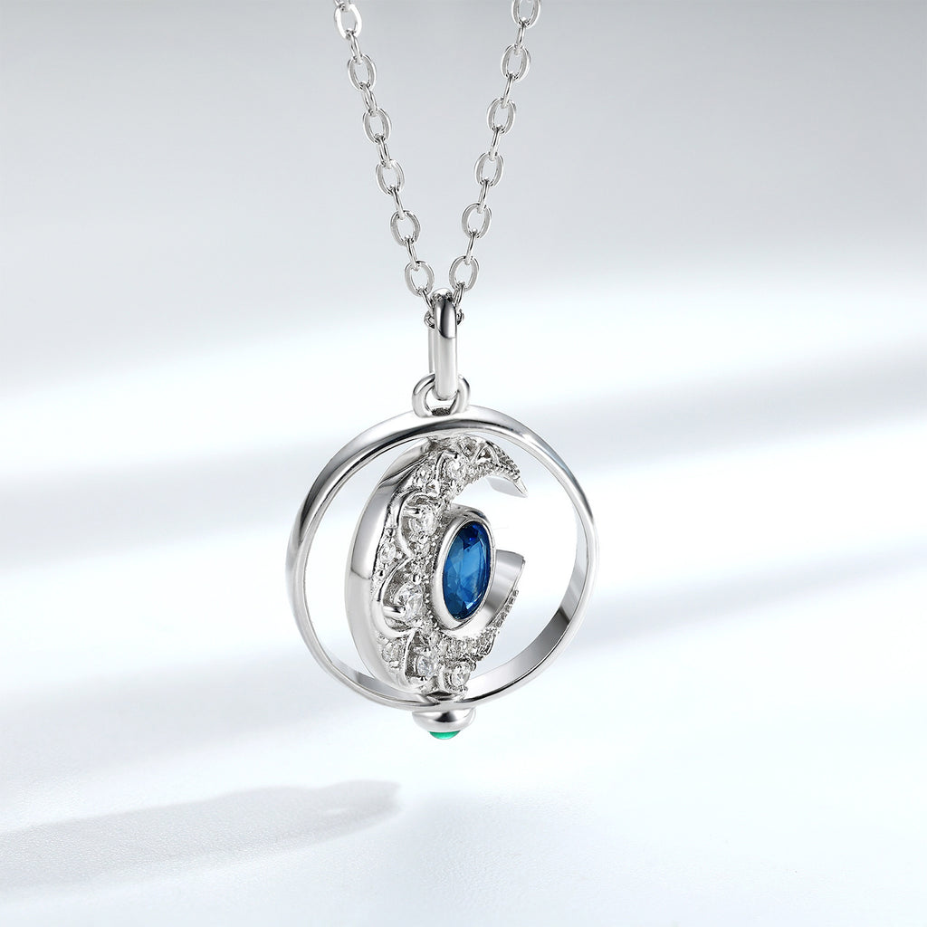 Lunar Sapphire – 925 Silver Platinum Gold Rotating Moon Natural Sapphire Luxury Necklace