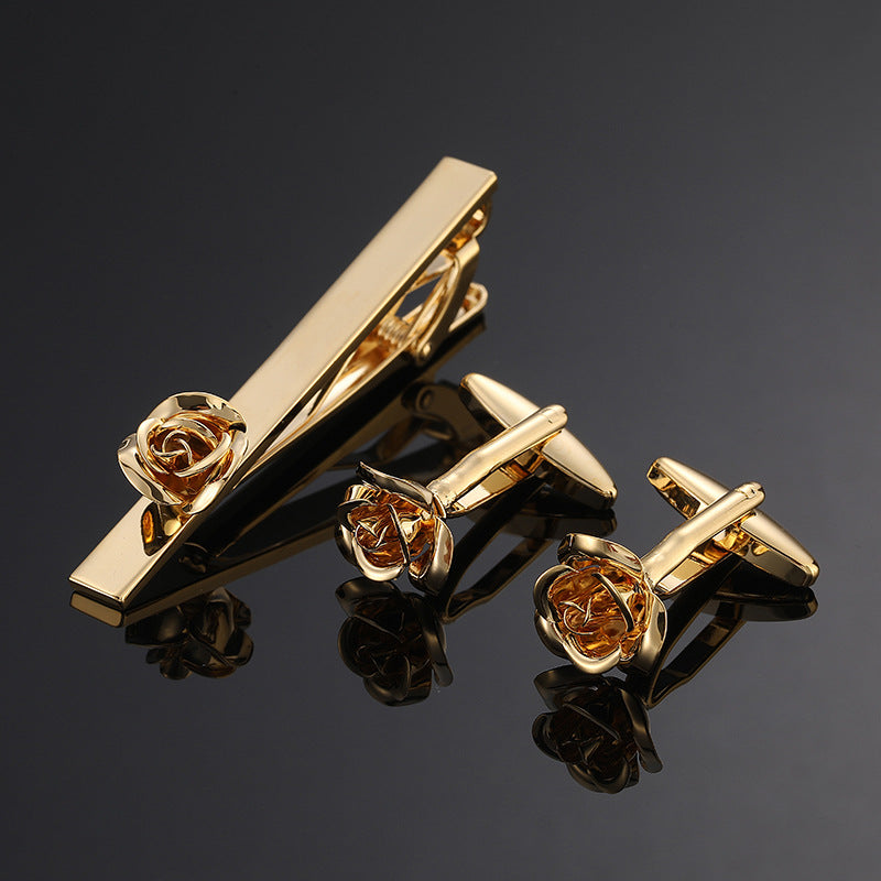 18K Floral Cufflinks & Tie Clip Set — Rose, Crystal & Enamel