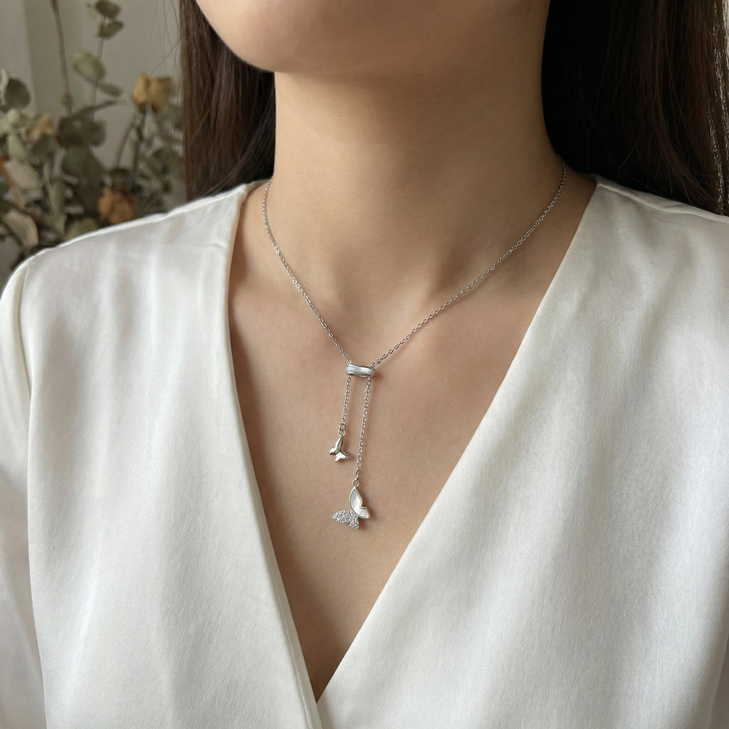Butterfly Lariat Necklace | S925 Sterling Silver | Mother-of-Pearl & Pavé
