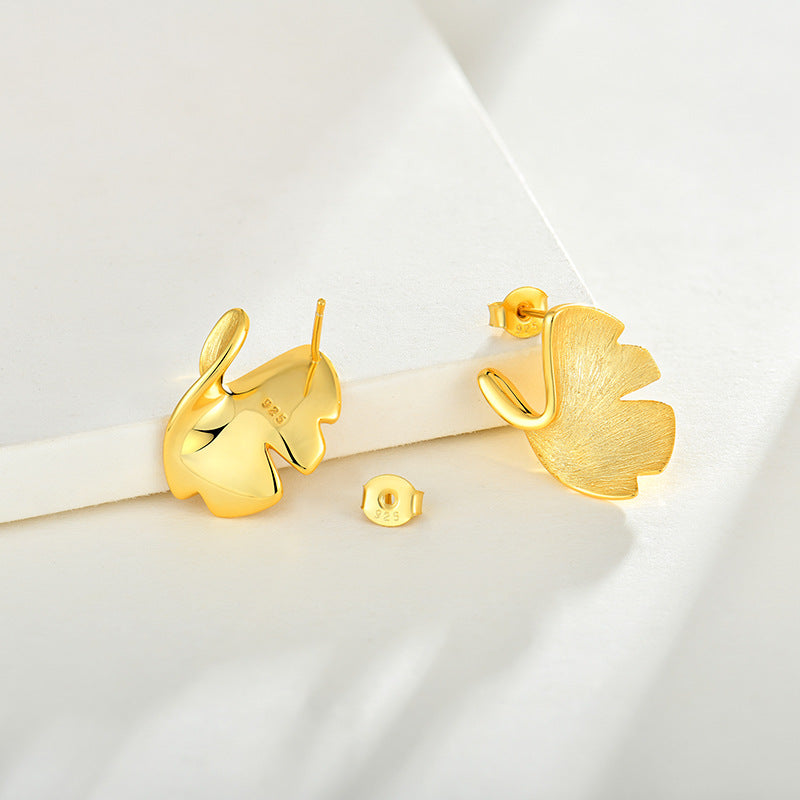 925 Sterling Silver Ginkgo Leaf Stud Earrings | 14K Gold Plated Luxury Jewelry for Women