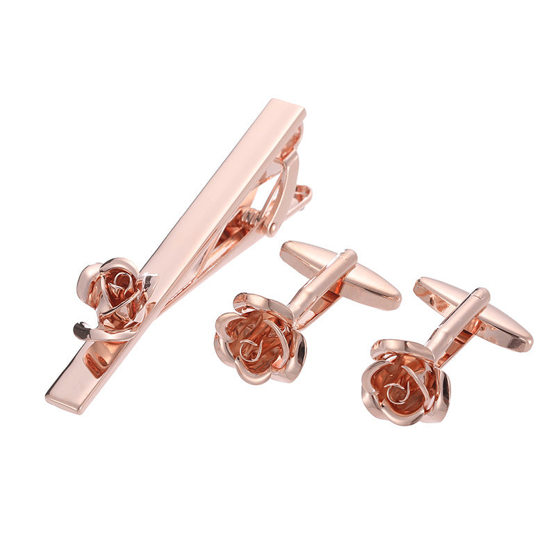 18K Floral Cufflinks & Tie Clip Set — Rose, Crystal & Enamel