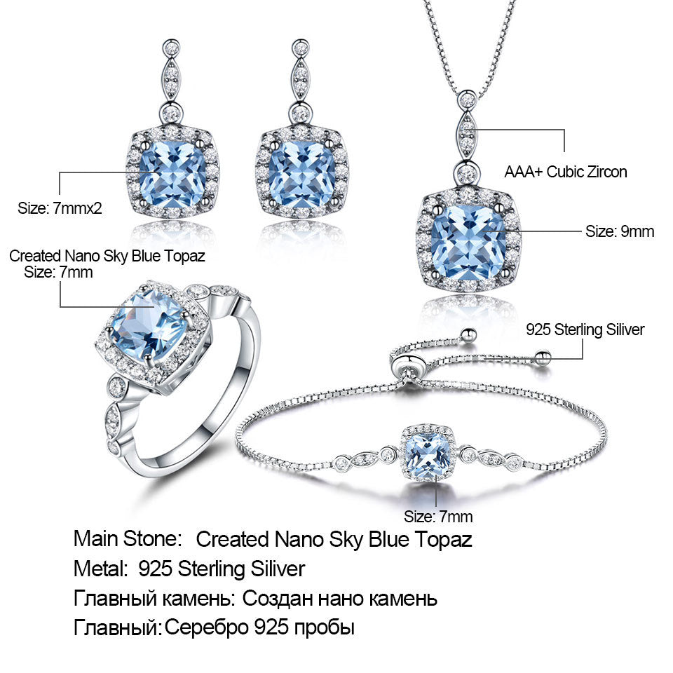925 Silver Sky Blue Topaz Jewelry — Necklace, Earrings & Bracelet