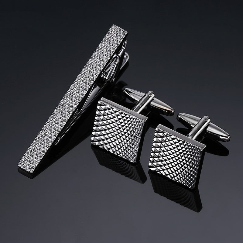 18K Floral Cufflinks & Tie Clip Set — Rose, Crystal & Enamel