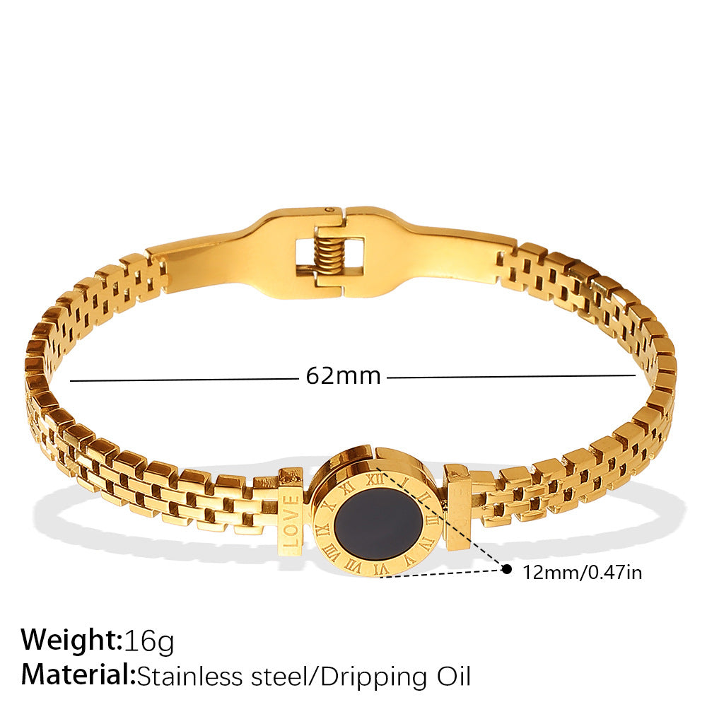 Gold Roman Numeral Black Disc Love Engraved Luxury Bracelet