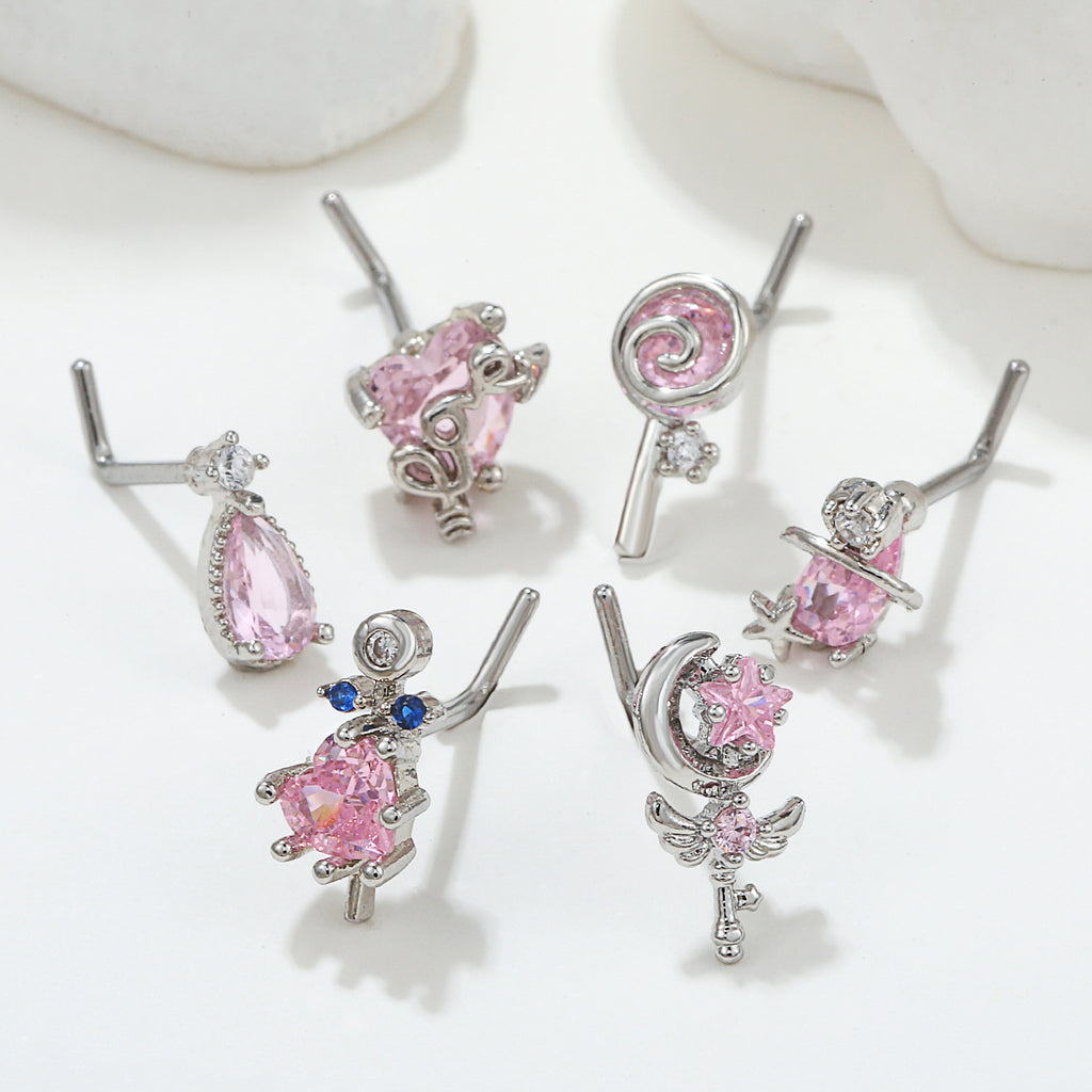 18K Zircon Nose Stud | Luxury Geometric Piercing | Gold, Silver & Pink