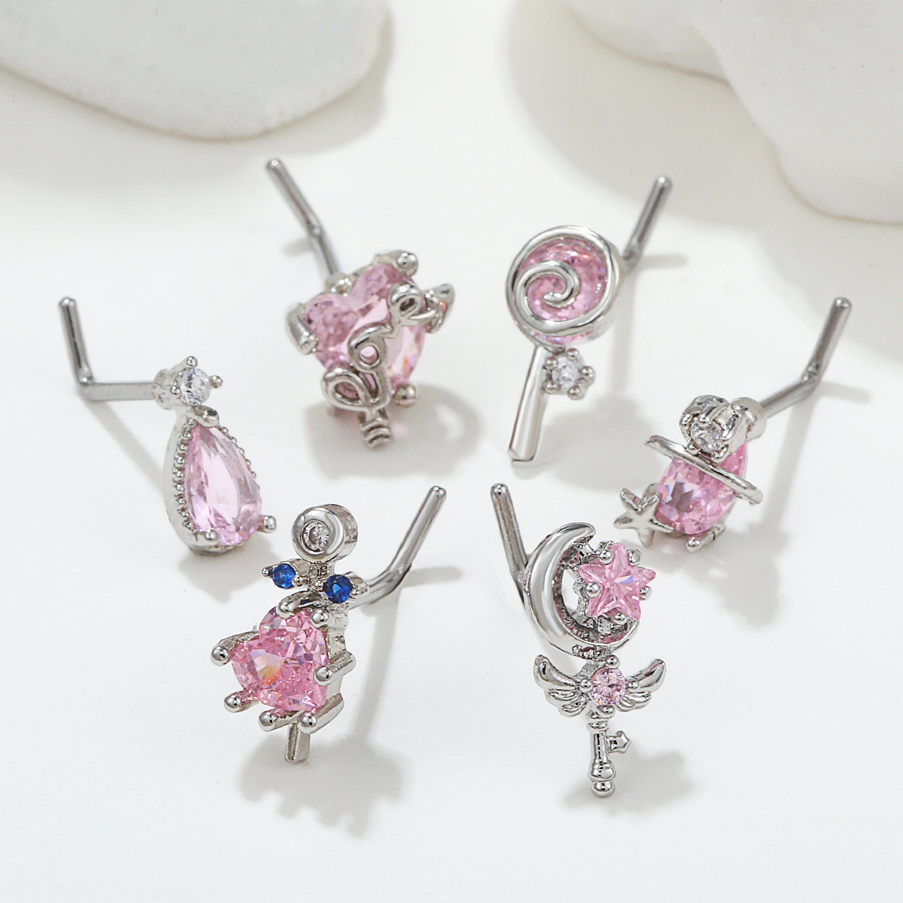 18K Zircon Nose Stud | Luxury Geometric Piercing | Gold, Silver & Pink