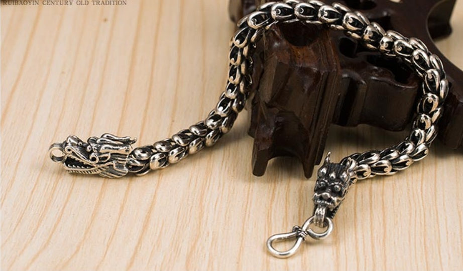 S925 Silver Dragon Head Men's Bracelet | Bold Luxury Wristwear