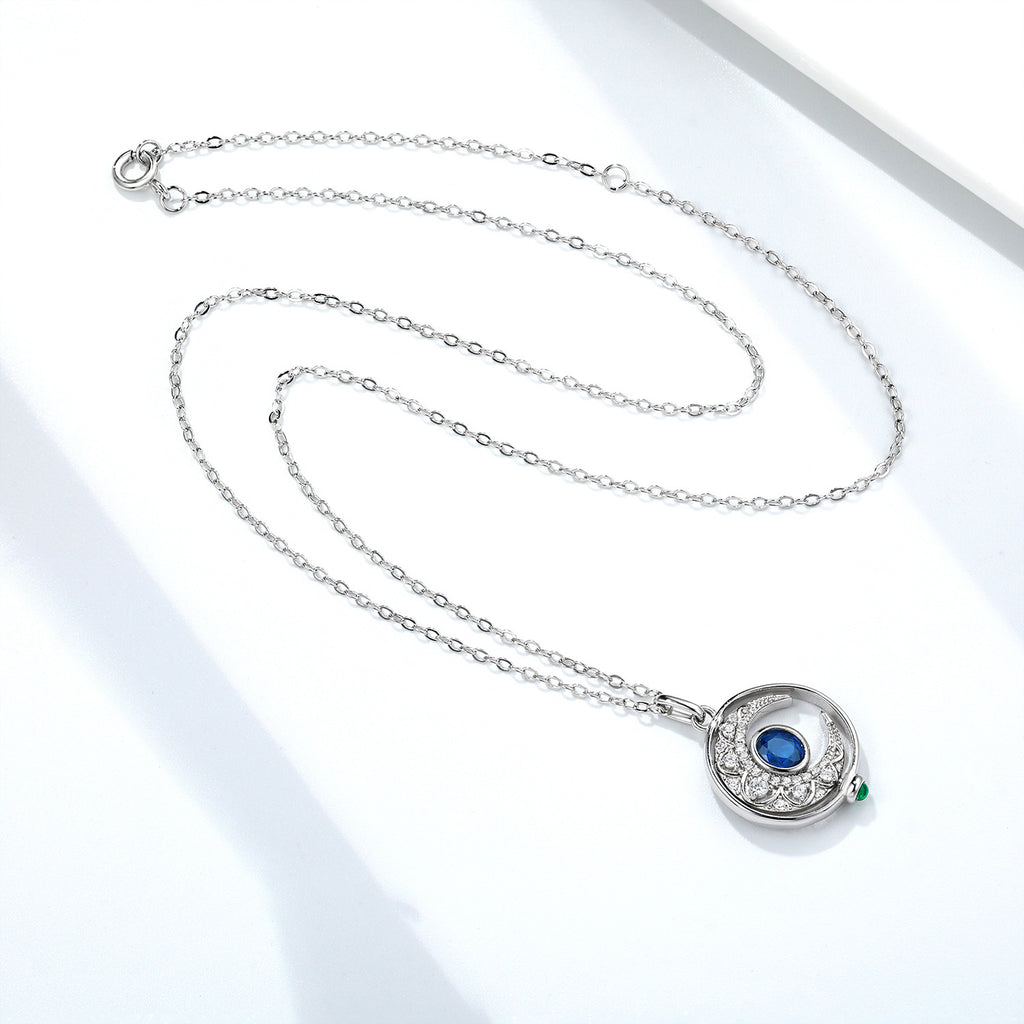 Lunar Sapphire – 925 Silver Platinum Gold Rotating Moon Natural Sapphire Luxury Necklace