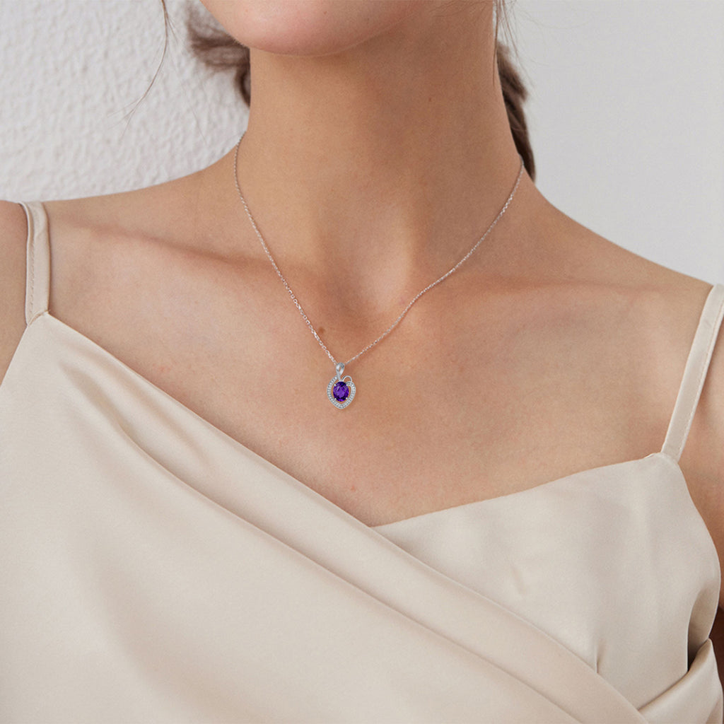 925 Sterling Silver Natural Amethyst Heart Shaped Luxury Pendant Necklace