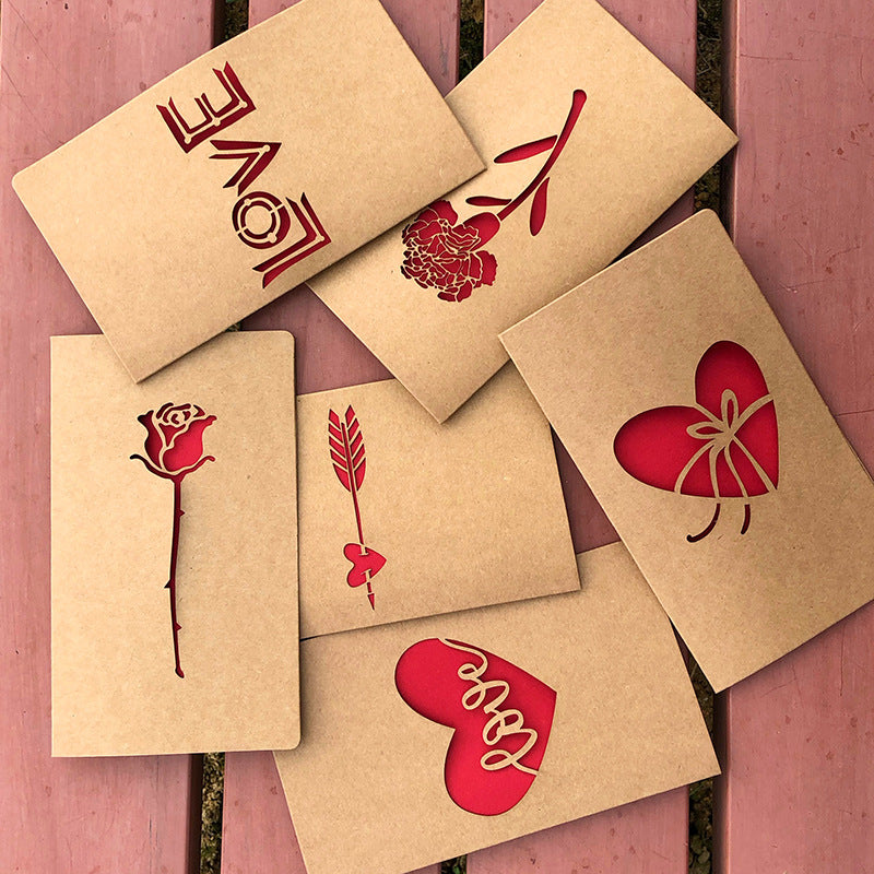 Vintage Kraft Paper Laser-Cut Love Greeting Card — Hollow Floral Design