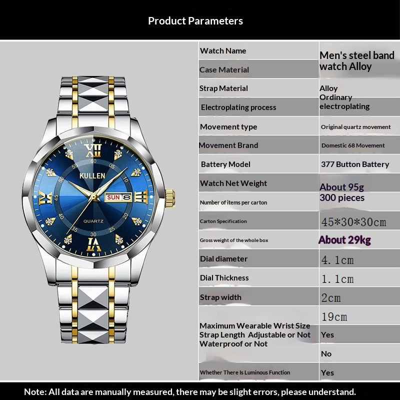 Men's Diamond-Encrusted Quartz Watch | Gold Strap | Business Luxury | 11mm Slim Profile