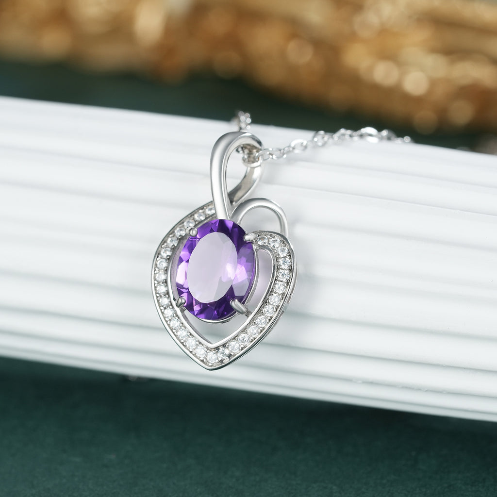 925 Sterling Silver Natural Amethyst Heart Shaped Luxury Pendant Necklace