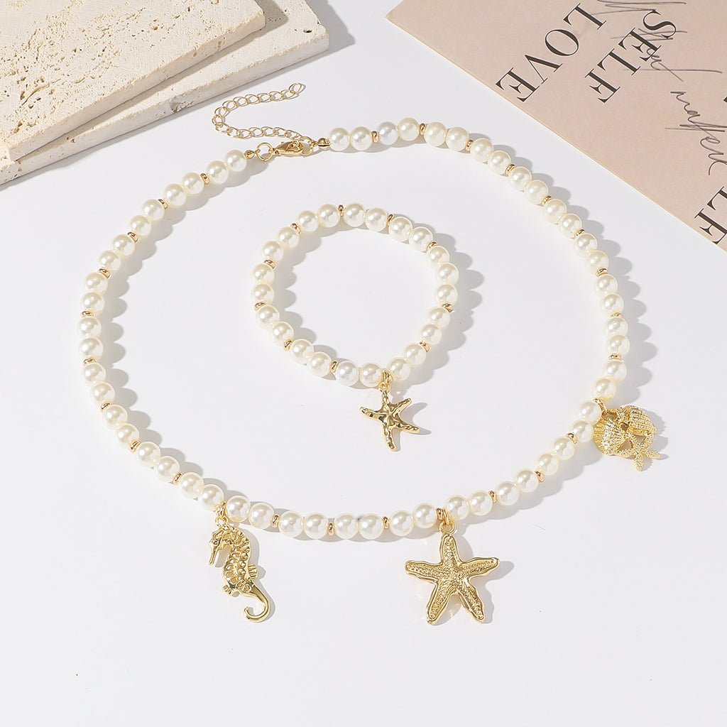 Pearl Chain Shell Necklace & Starfish Bracelet Set | Luxury Ocean-Inspired Jewelry