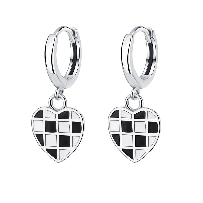 Checkered Heart – 925 Sterling Silver Black & White Oil Drop Heart Luxury Earrings