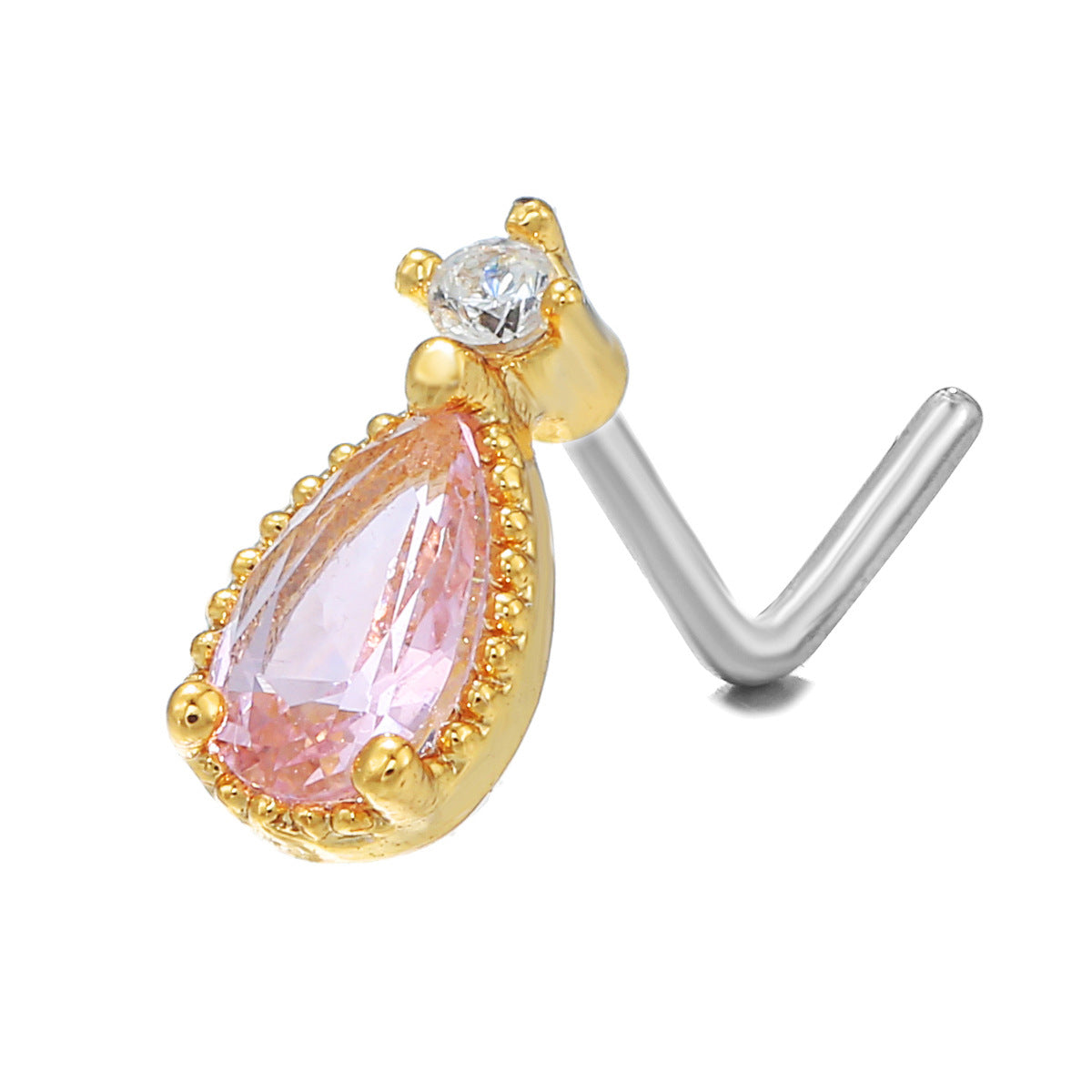 18K Zircon Nose Stud | Luxury Geometric Piercing | Gold, Silver & Pink