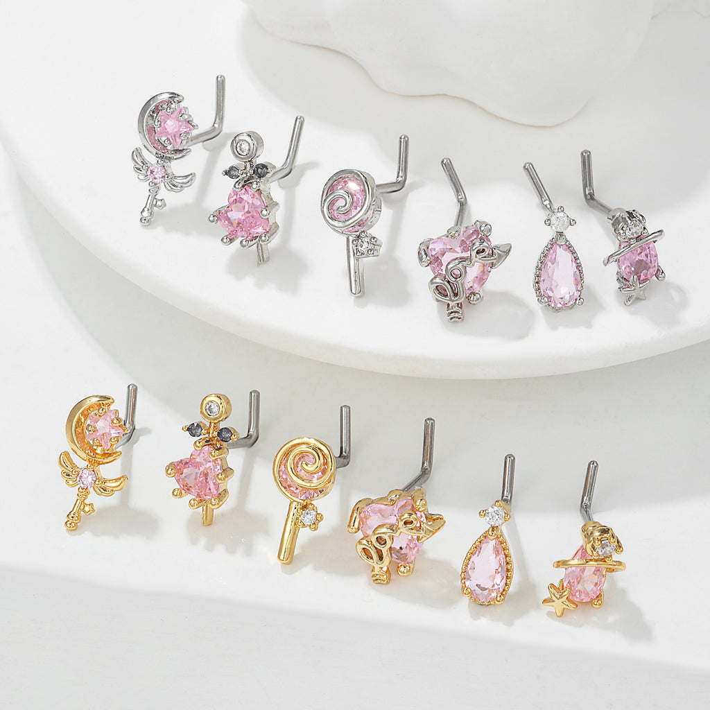 18K Zircon Nose Stud | Luxury Geometric Piercing | Gold, Silver & Pink