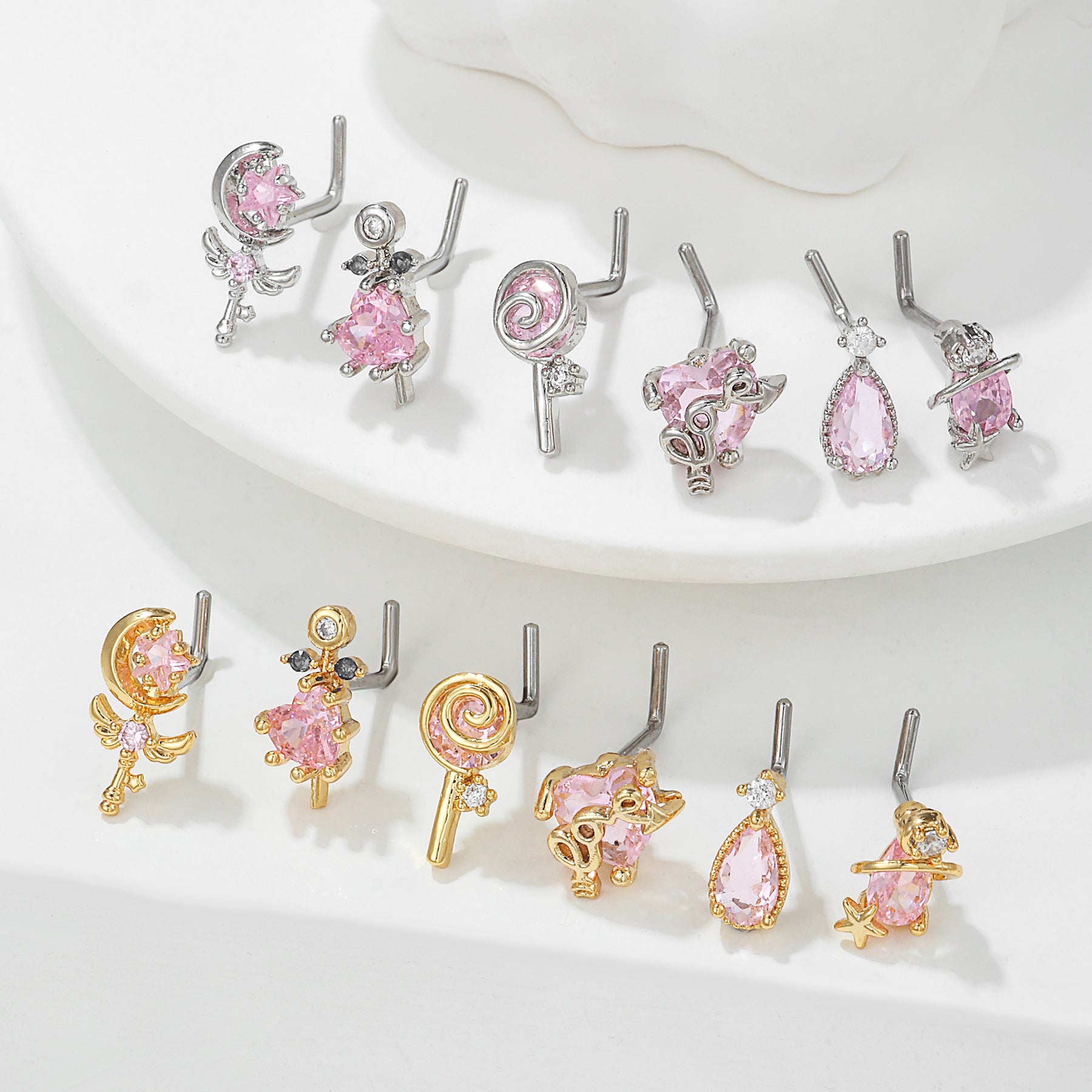 18K Zircon Nose Stud | Luxury Geometric Piercing | Gold, Silver & Pink