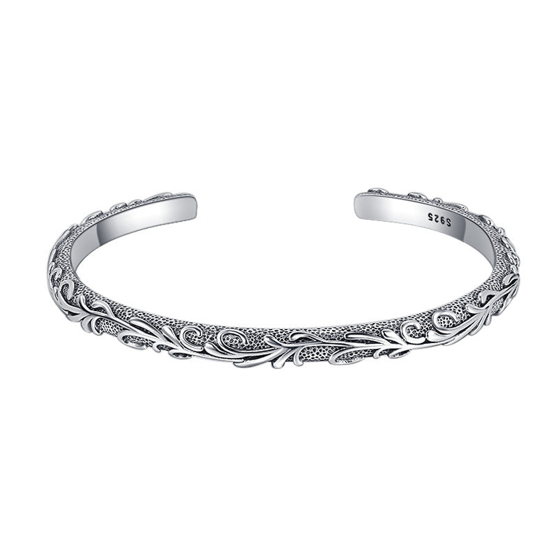 Thai Silver Vintage Tang Grass Carved 925 Sterling Silver Luxury Bracelet
