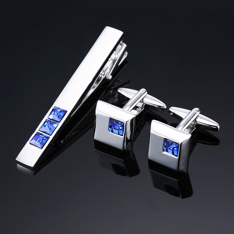 18K Floral Cufflinks & Tie Clip Set — Rose, Crystal & Enamel