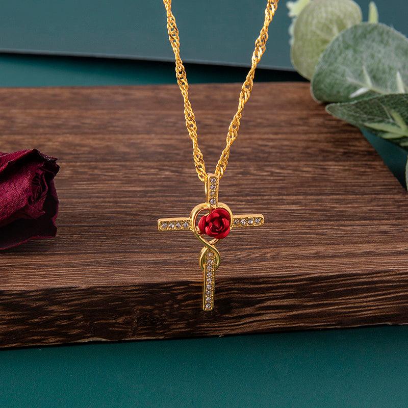 Sancta — Gold Rose Cross Crystal Necklace