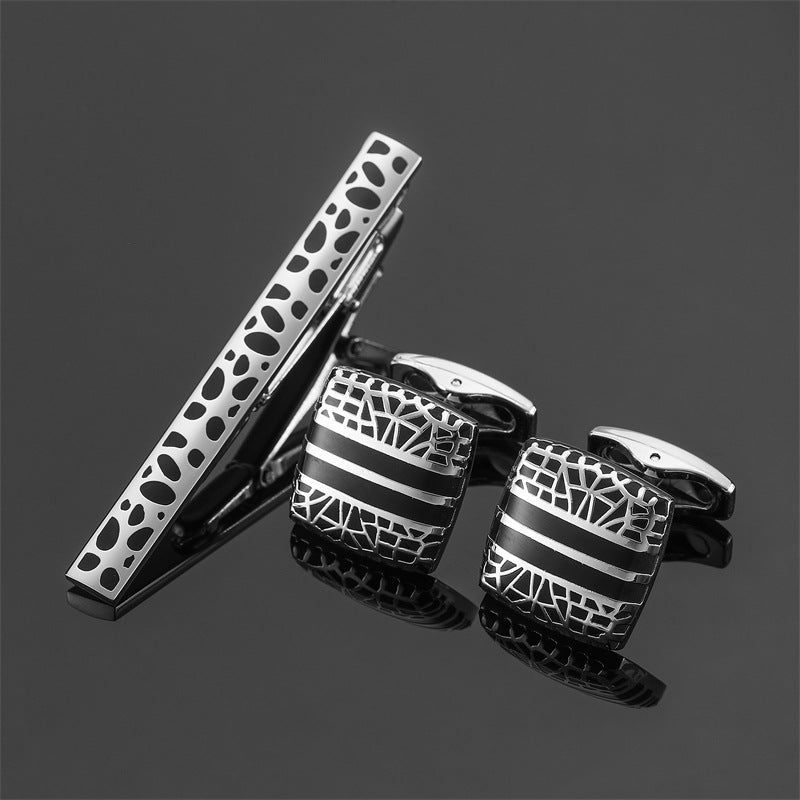 18K Floral Cufflinks & Tie Clip Set — Rose, Crystal & Enamel