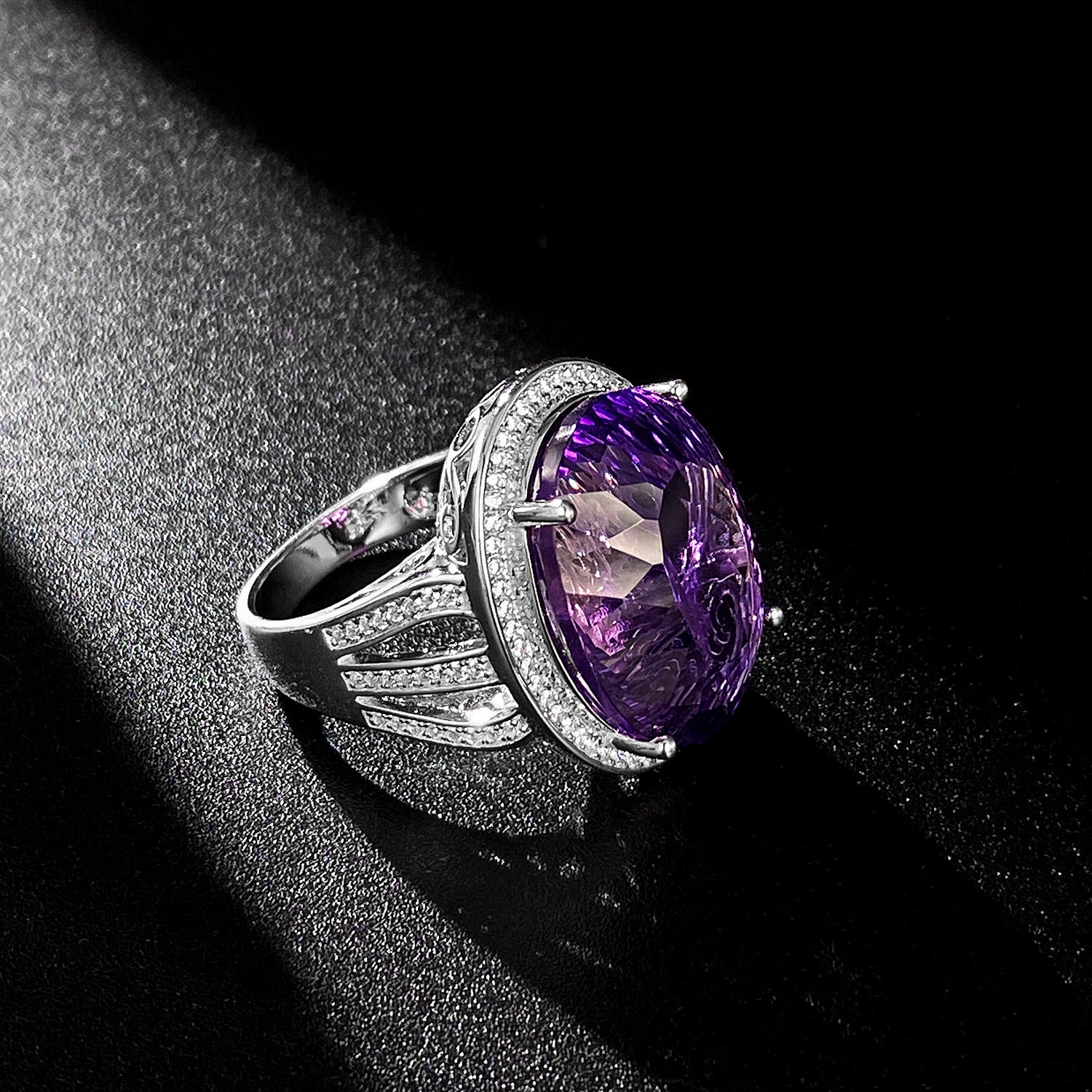 925 Silver Natural Amethyst Geometric Crystal Luxury Ring Sizes 6-9