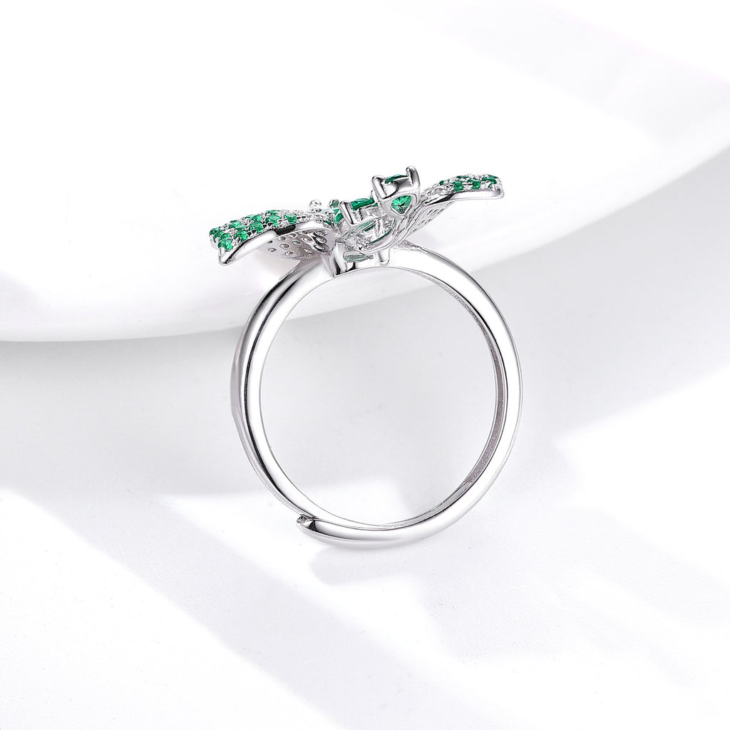 925 Silver Natural Emerald Butterfly Adjustable Luxury Ring Platinum Finish