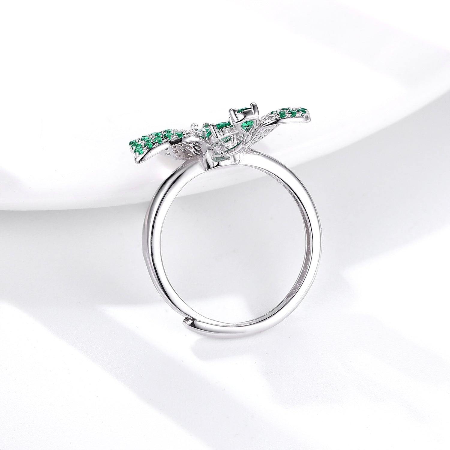 925 Silver Natural Emerald Butterfly Adjustable Luxury Ring Platinum Finish