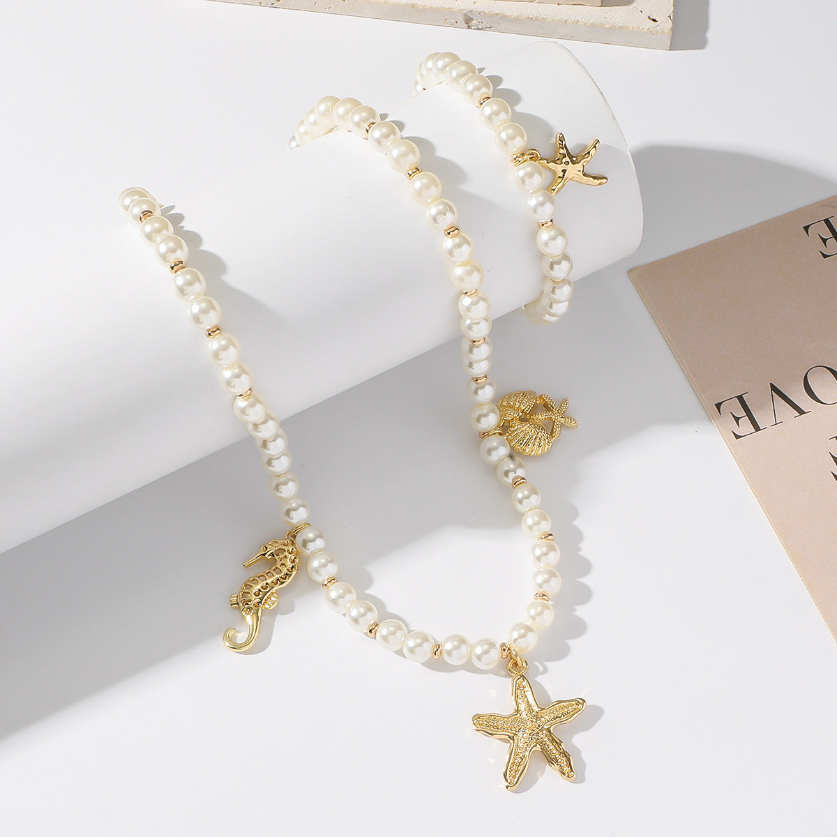 Pearl Chain Shell Necklace & Starfish Bracelet Set | Luxury Ocean-Inspired Jewelry