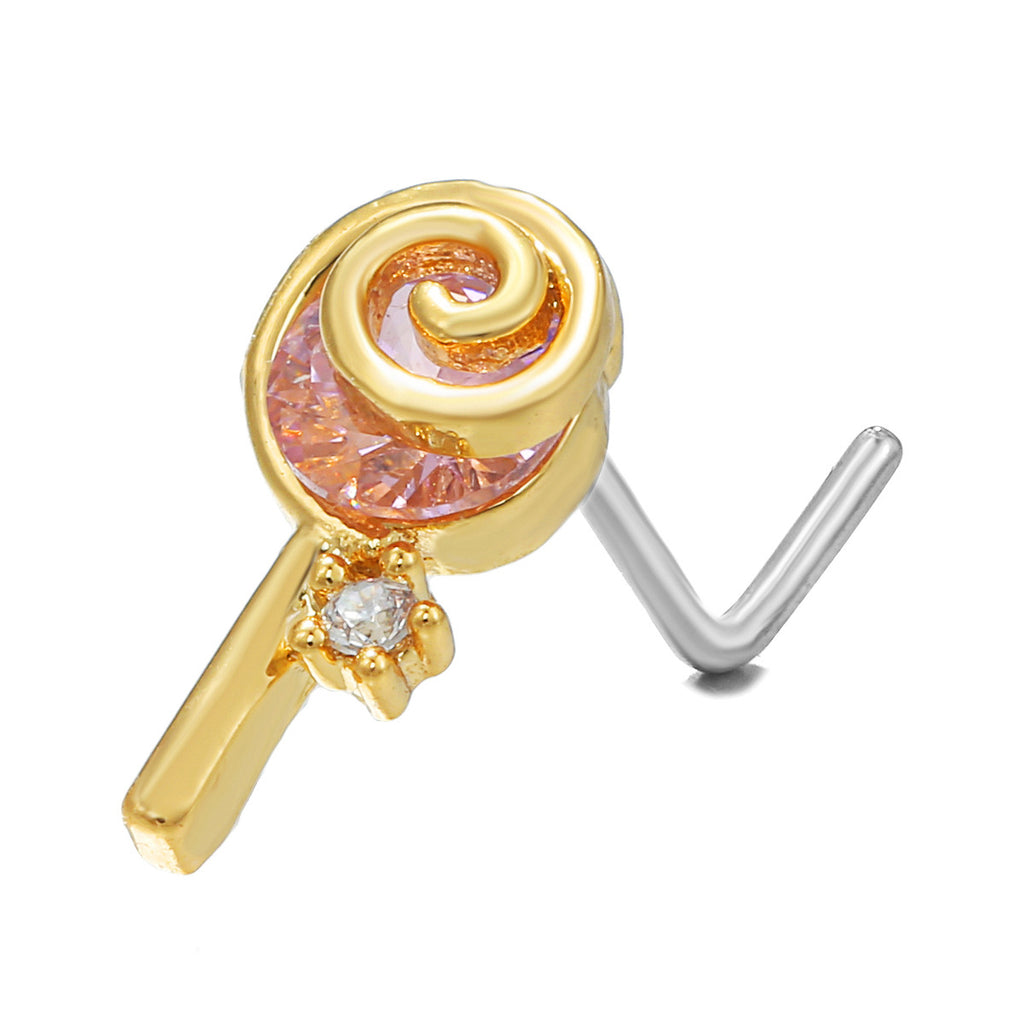 18K Zircon Nose Stud | Luxury Geometric Piercing | Gold, Silver & Pink