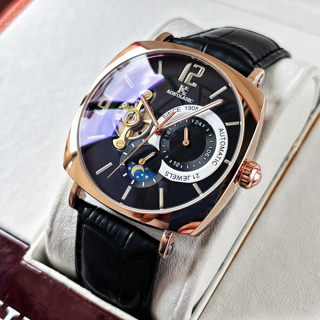 Square Automatic Mechanical Watch – Men's Luxury Wristwatch | Rose Gold & Silver