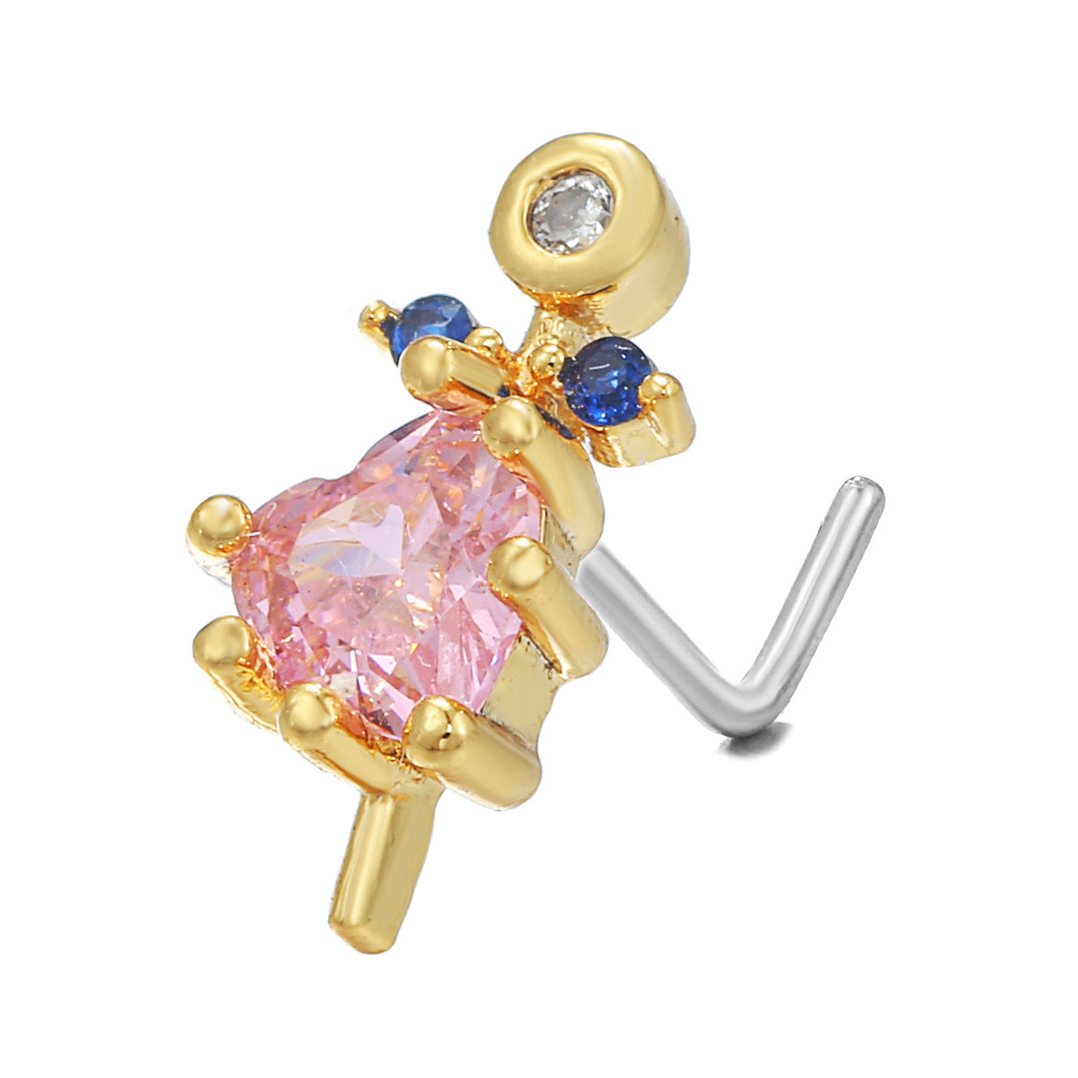 18K Zircon Nose Stud | Luxury Geometric Piercing | Gold, Silver & Pink
