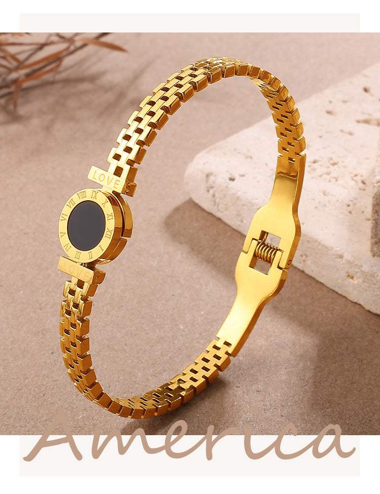 Gold Roman Numeral Black Disc Love Engraved Luxury Bracelet