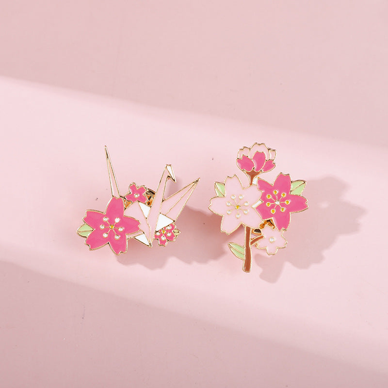 Origami Crane & Cherry Blossom Brooch — Luxury Art Pin